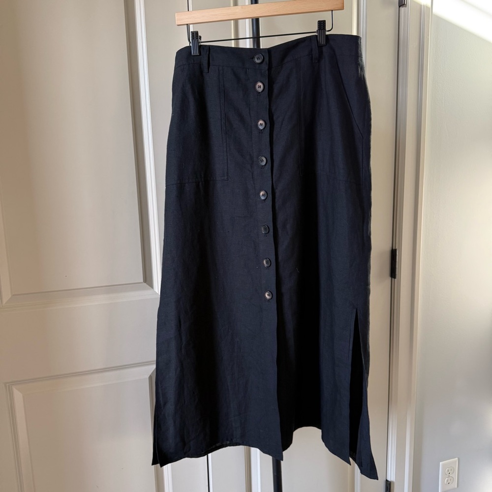 Talbots Black Quality Linen Button Front Midi Skirt Size 12 Minimalist Capsule